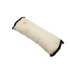 A beige car seat belt shoulder cushion with a yellow sun design.