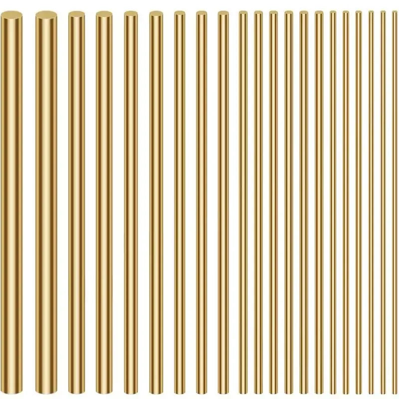 A row of polished brass bar rods used for DIY and wire work.