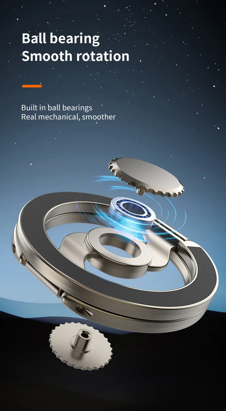 A close-up view of a silver magnetic phone ring stand demonstrating smooth rotation and ball bearing movement.