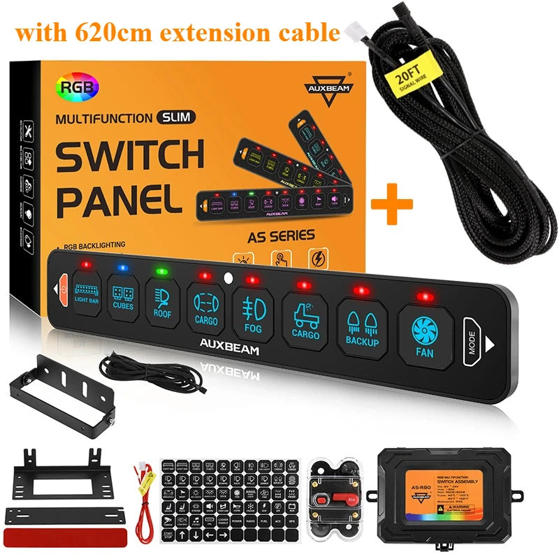 An RGB slim switch panel with a 620cm extension cable and various buttons for vehicle lighting.