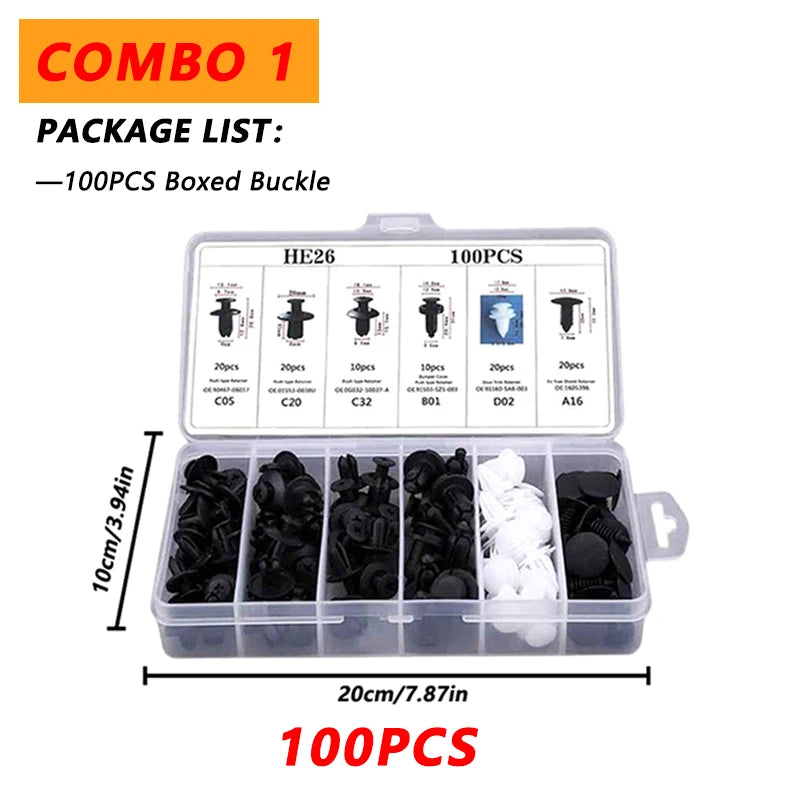 A package of 100 pieces of boxed buckle plastic trim removal tools in an organized plastic container.