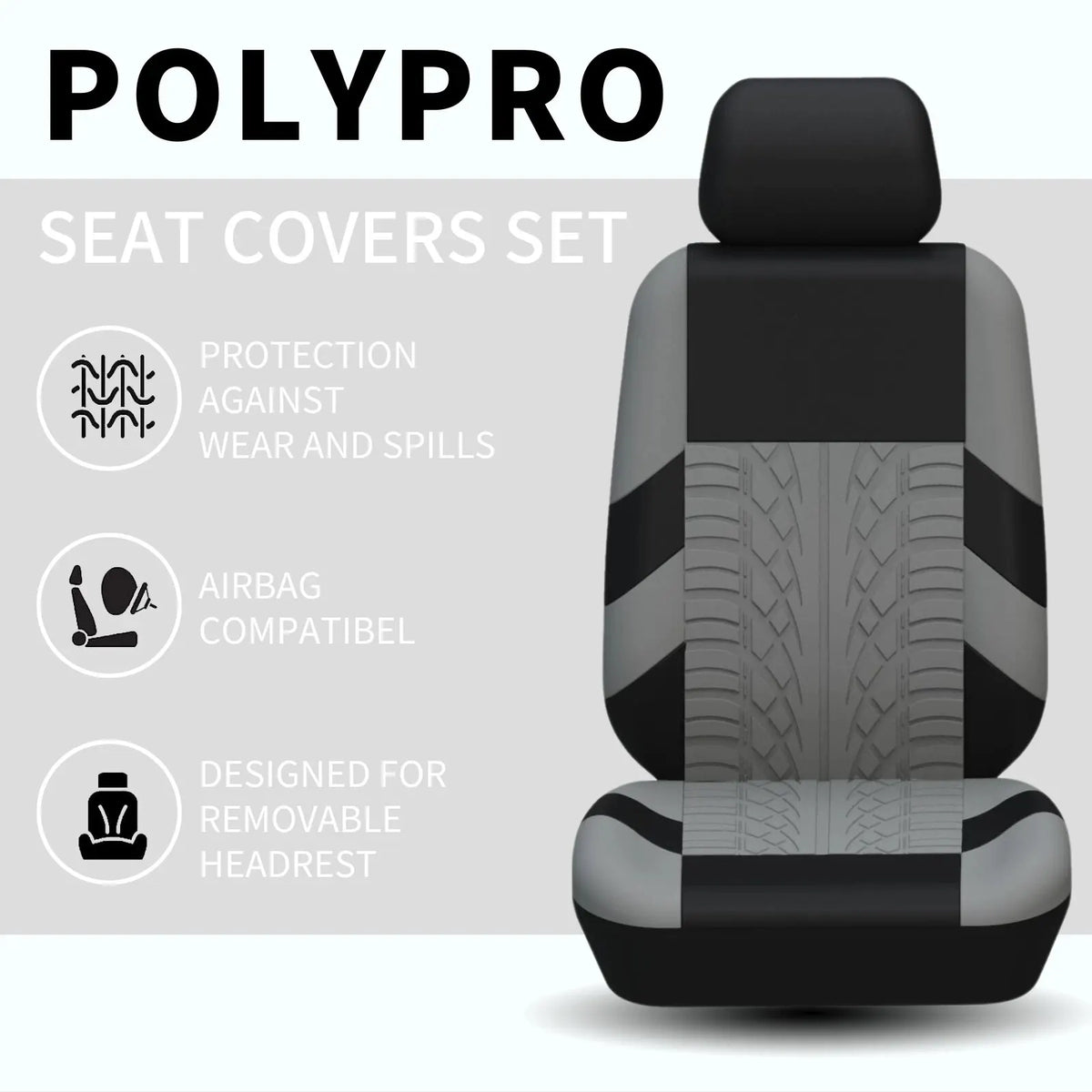 Black and gray seat covers set designed for protection against wear and spills and compatible with airbags.