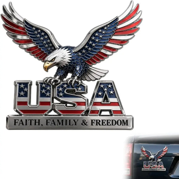 A 3D raised metal car emblem featuring an American bald eagle with outstretched wings and the words USA Faith Family & Freedo