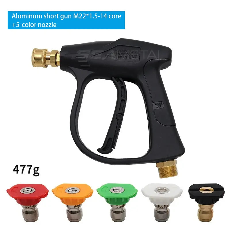 Black high-pressure manual car washing water gun with various colored nozzles.
