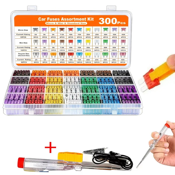 A kit of 300 car fuses assorted by rating and size, shown with a testing tool.