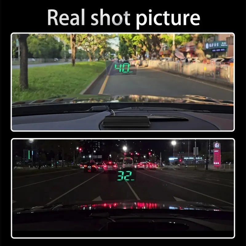 A real shot picture showing a car's dashboard display and a nighttime view of a road with a speed reading.