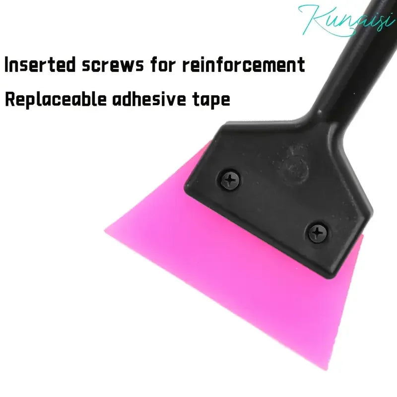 A black tool with a pink rubber blade and inserted screws for reinforcement.