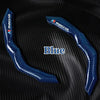 Blue carbon fiber steering wheel cover shown against a black background.