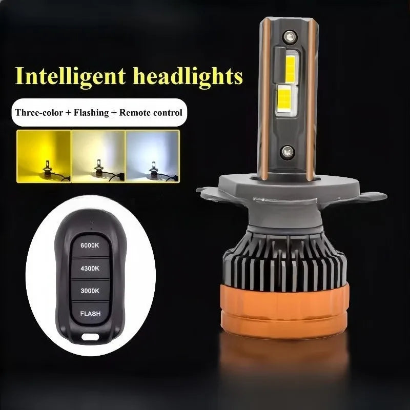 A smart headlight assembly featuring a three-color flashing LED bulb and a remote control.