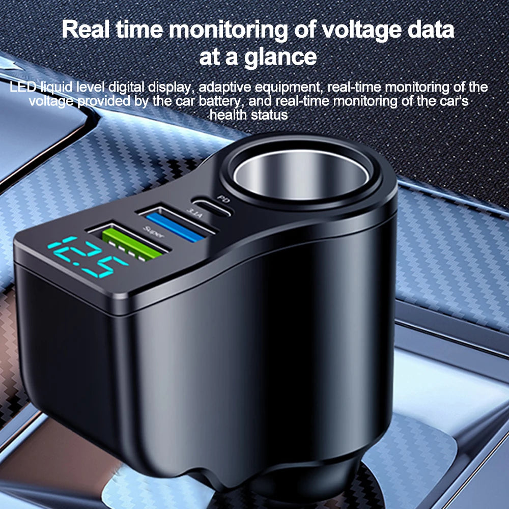 A black LED liquid level digital display device for real-time monitoring of voltage data in a car environment.