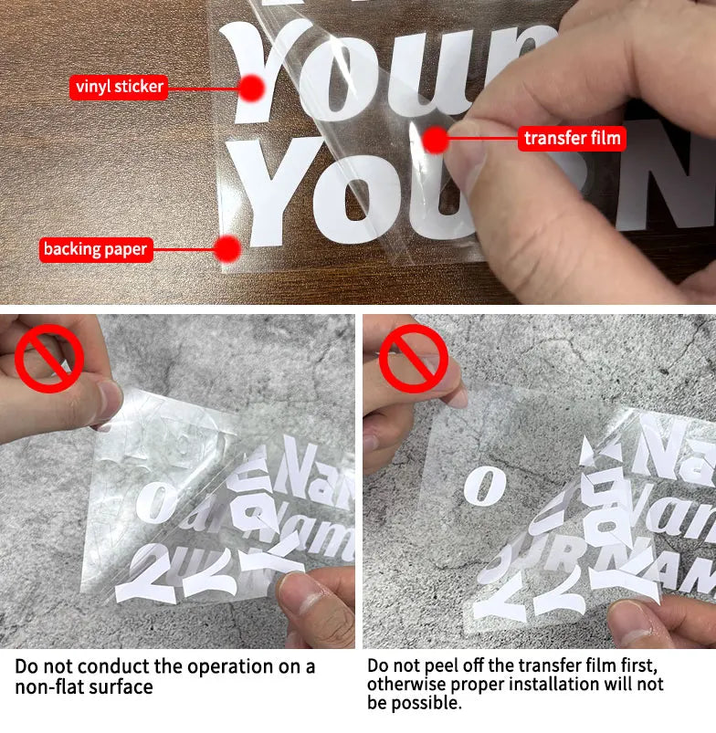 Mano aplicando una película de transferencia de vinilo sobre papel de respaldo para calcomanías personalizables para vehículo