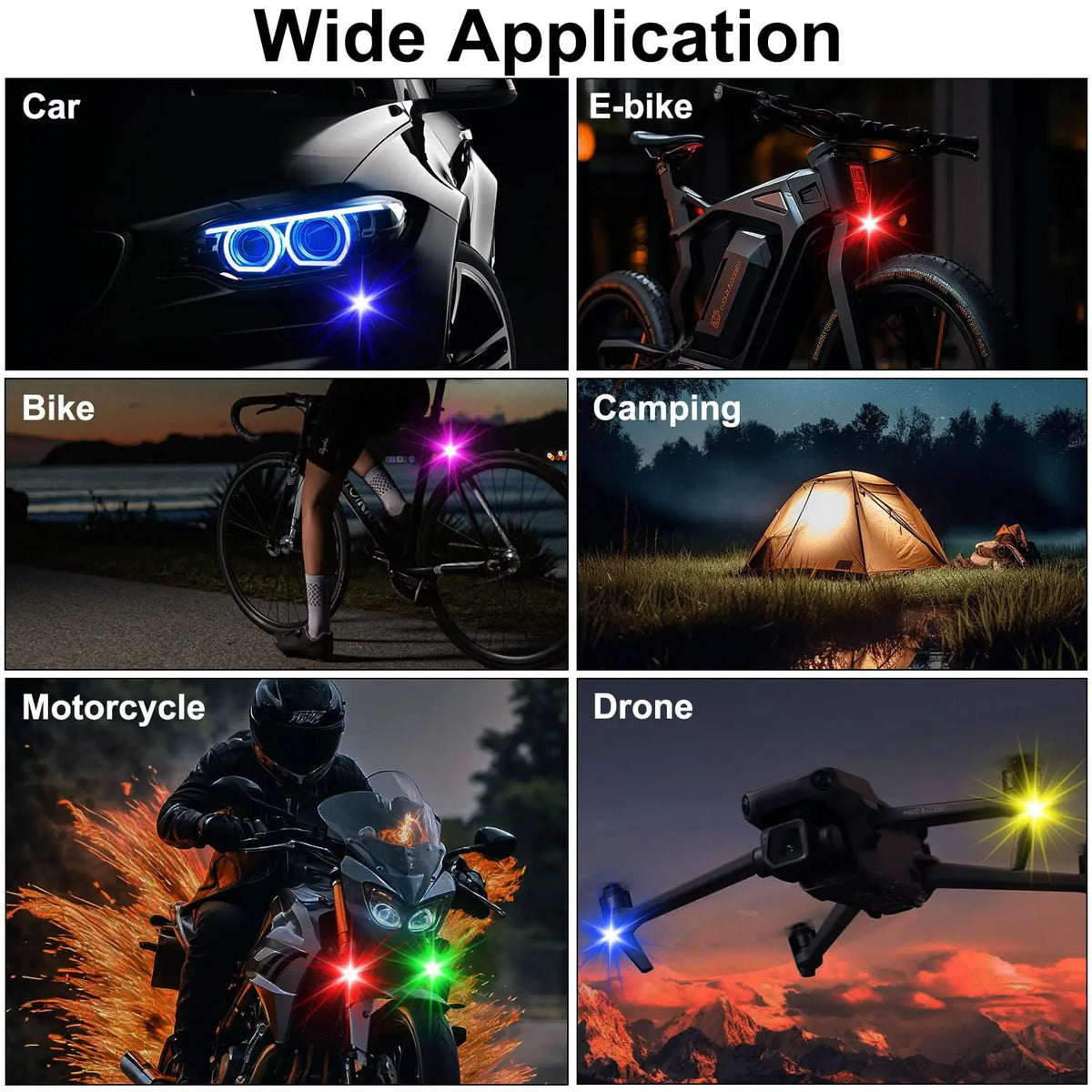 Collage von mehrfunktionaler LED-Stroboskoplampe für Autos, E-Bikes, Fahrräder, Camping und Motorrad