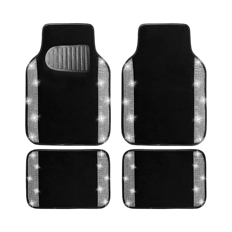 A set of black car floor mats with sparkling diamond accents.