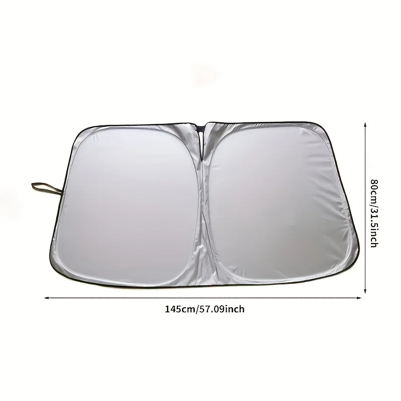 A silver heavy-duty portable car sunshade with a 145cm length and 80cm height.
