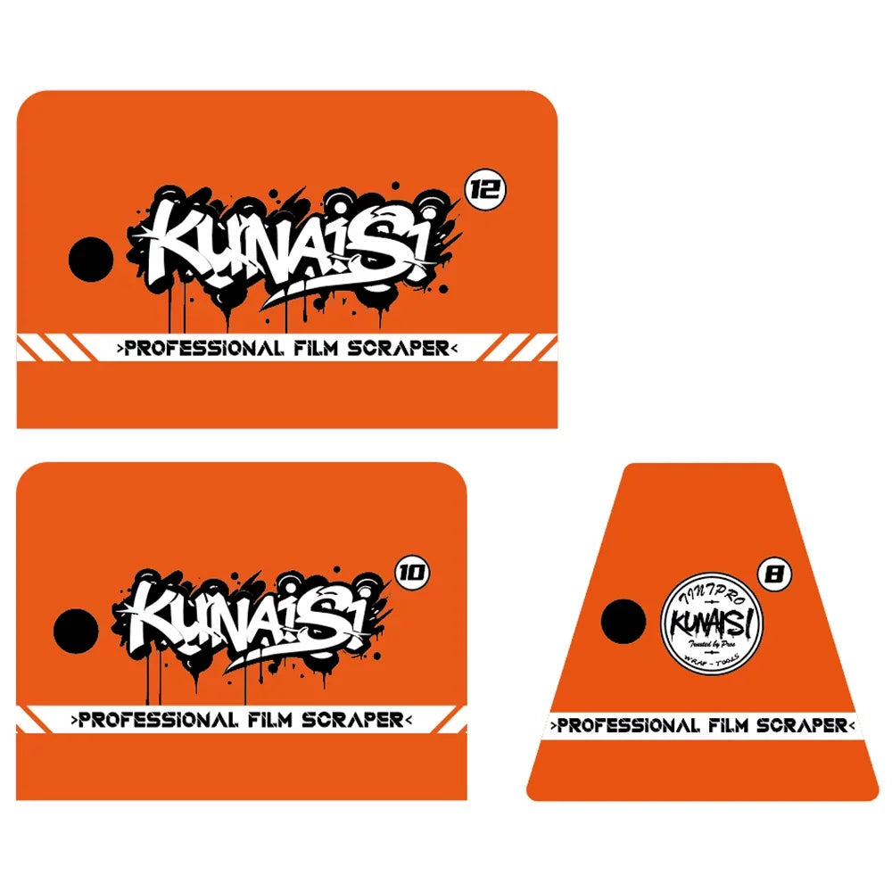 Two orange rectangular labels featuring the Kunaisi logo and a film scraper designation