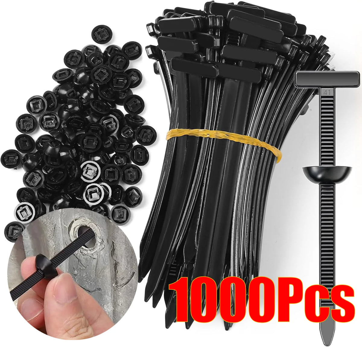 A bundle of black heavy duty self-locking nylon cable ties and a pile of individual ties are shown.
