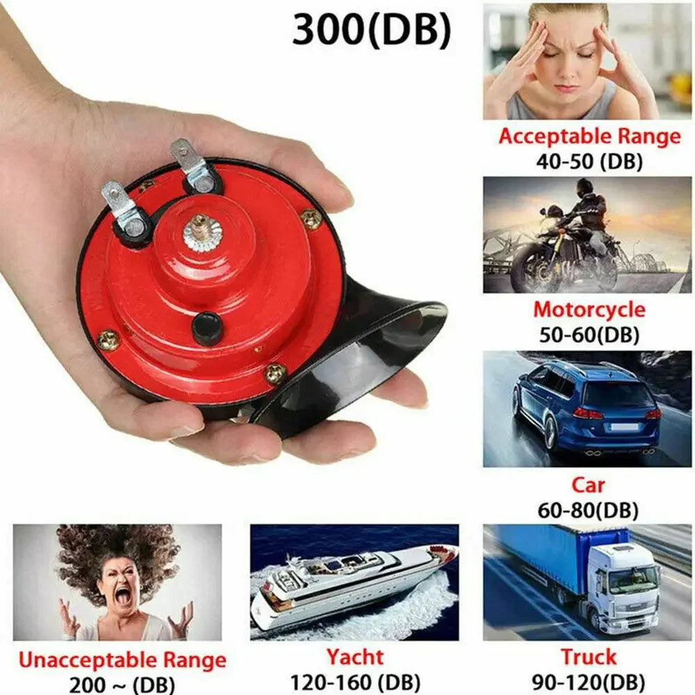 A hand holds a red electric air horn kit with various decibel ratings displayed.