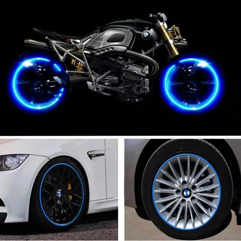 A motorcycle with blue glowing wheel rim strips and a white car with blue glowing wheel rims.
