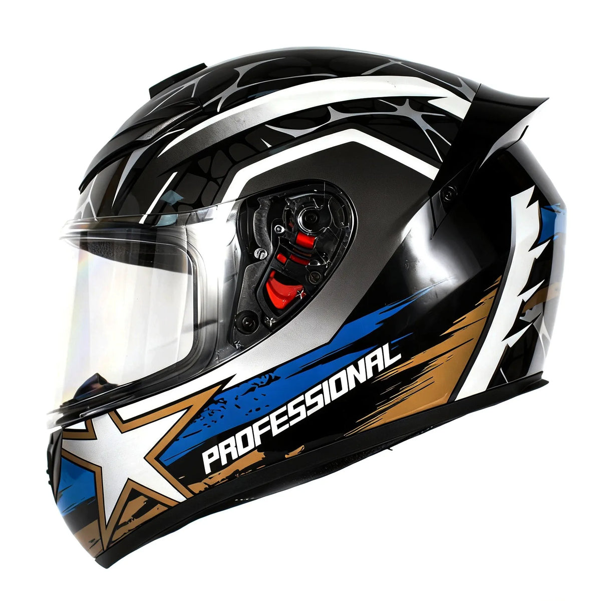 A black and silver universal motorcycle helmet with a clear visor and graphic design.