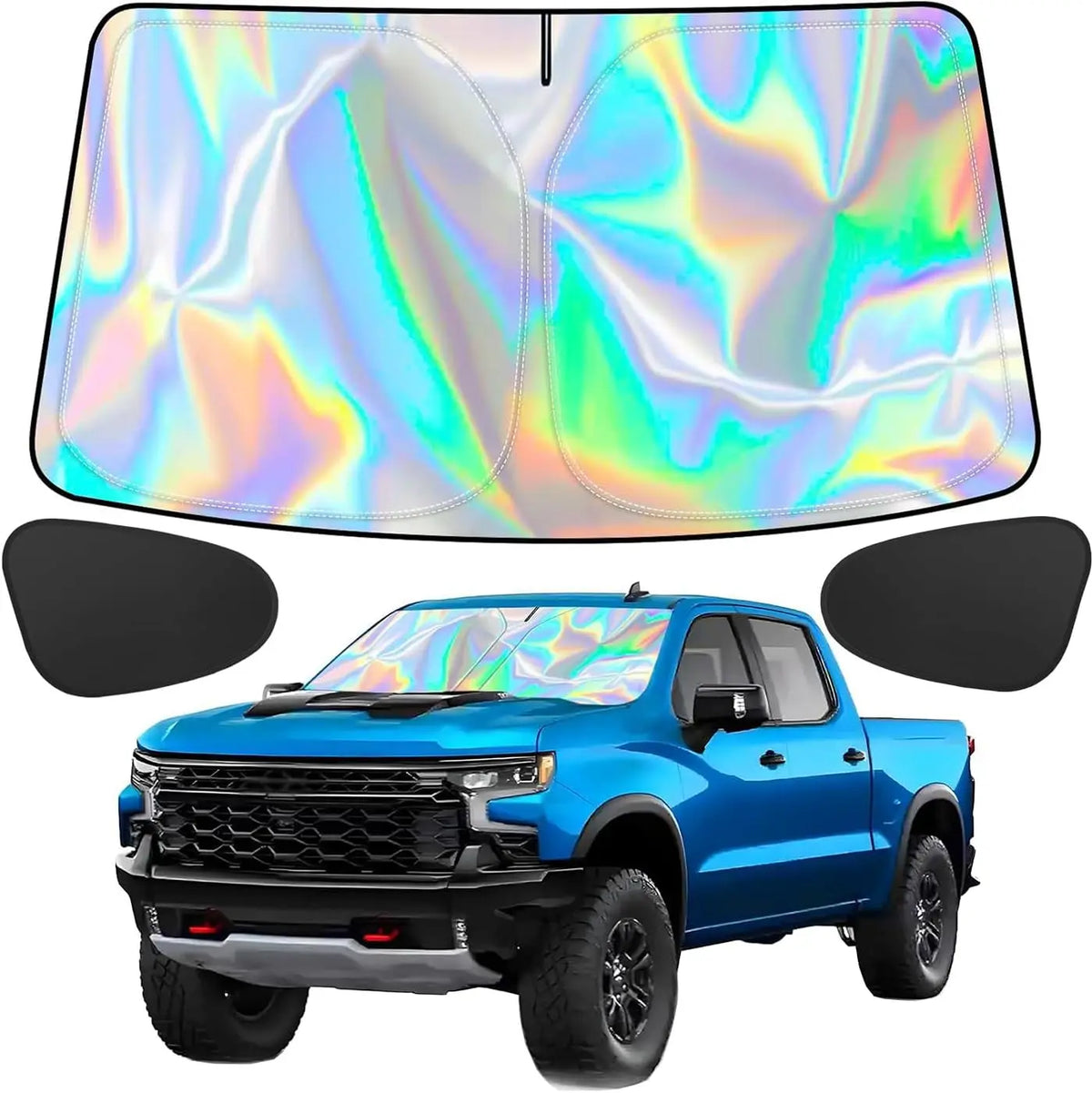 A blue Ford F-150 pickup truck with a high-density windshield sunshade set displayed below.
