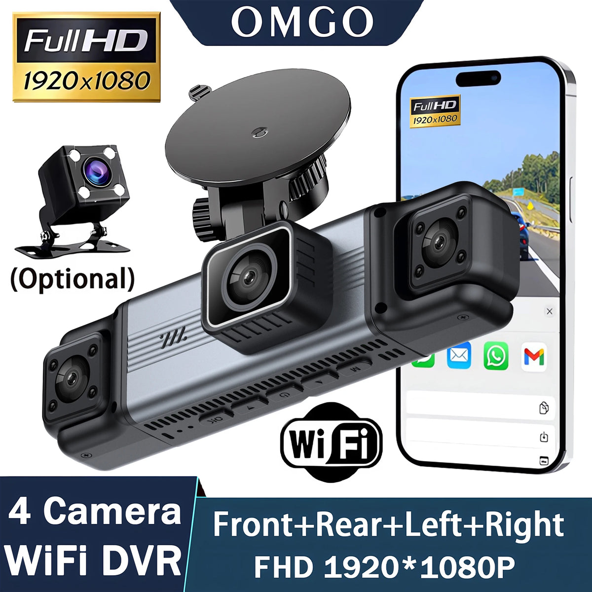 Schwarze Wi-Fi DVR Dashcam mit vier Kameras: Front-, Heck-, linke und rechte Ansicht.