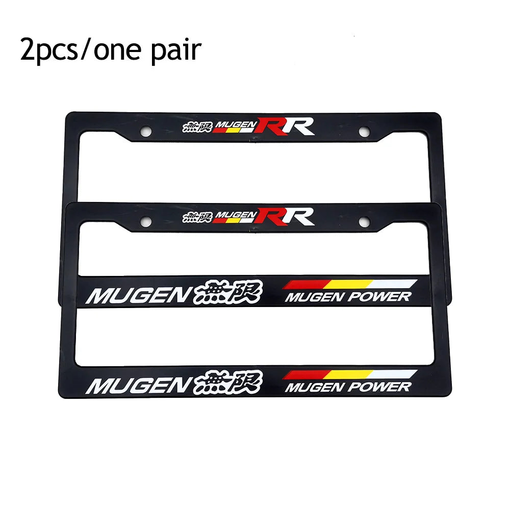 Two black license plate frames with MUGEN branding and power text