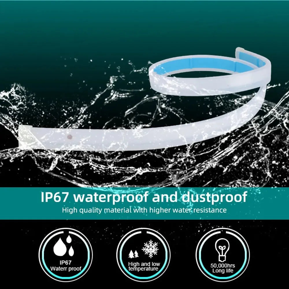 White silicone LED light strip demonstrating IP67 waterproof and dustproof features