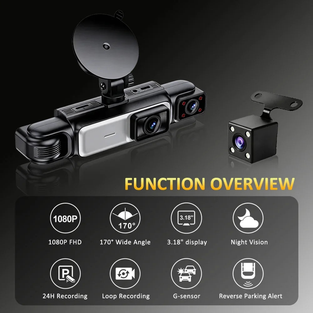 A black car dash cam device with a silver body is shown alongside its function overview features.