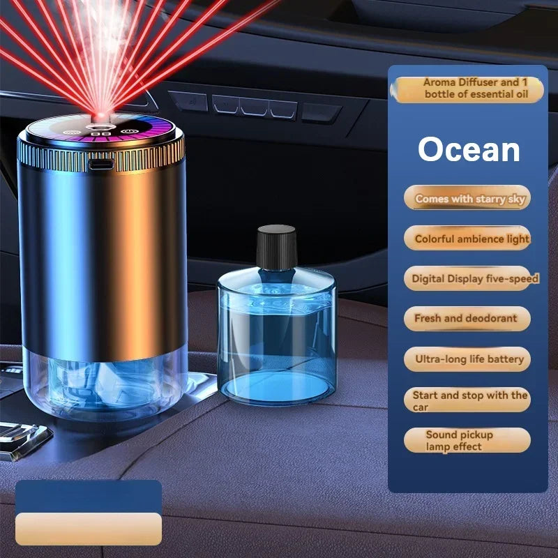 A rechargeable air diffuser bottle with a light effect and an essential oil bottle displayed on a car interior surface.