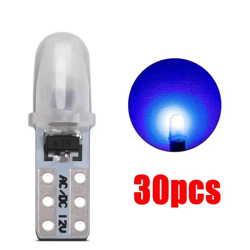 A set of 30 T5 LED dashboard and license plate bulbs, including the bulb and a blue light demonstration.