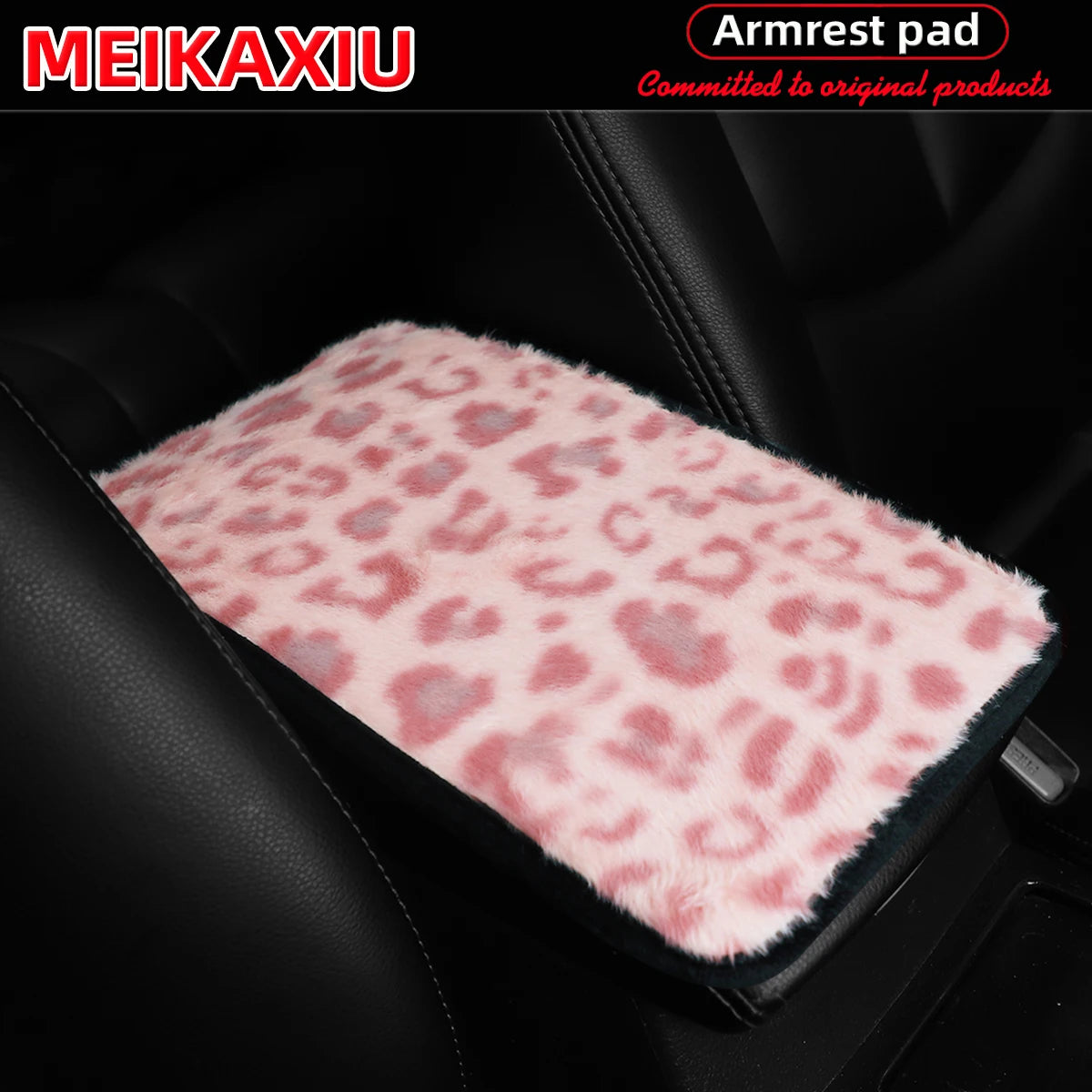 Pink leopard print plush armrest pad covering a black car seat.