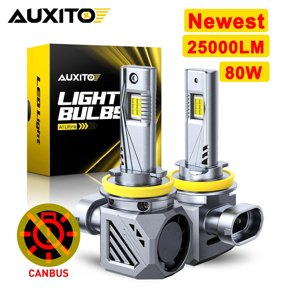 Ein Paar 25000LM 80W LED-Glühbirnen mit CANBUS-Anschlüssen neben ihrer Verpackung.