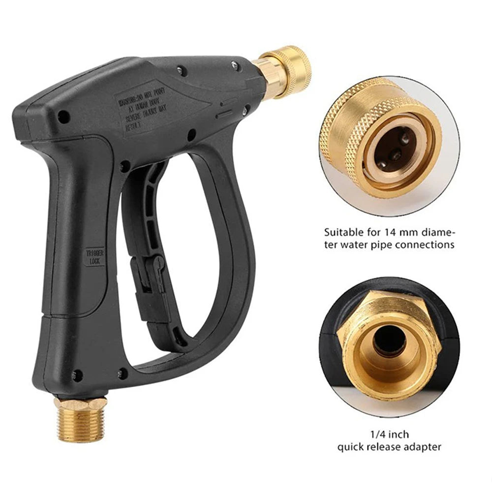 Black high pressure washer gun with a 1/4 inch quick release adapter for water pipe connections