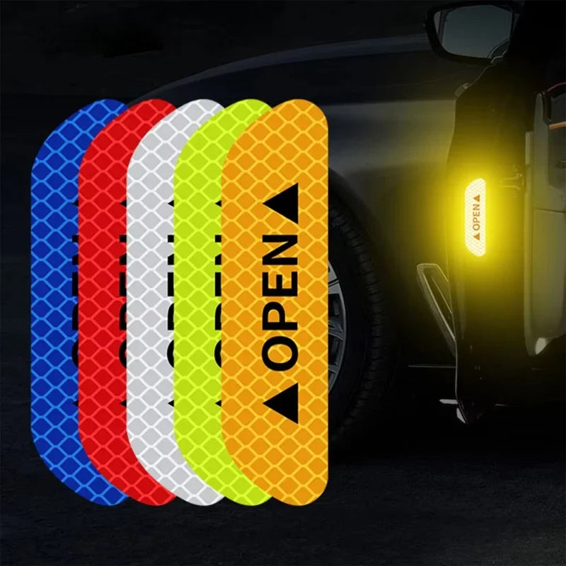 A pack of four reflective car door warning decals in various colors, including blue, red, white, and yellow.