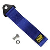 A blue heavy-duty tow hook with a rope is shown for vehicle recovery.