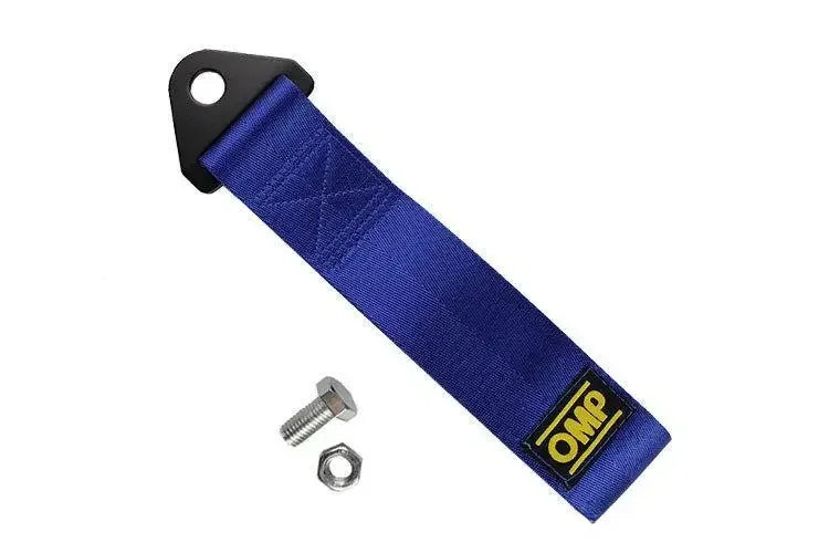 A blue heavy-duty tow hook with a rope is shown for vehicle recovery.