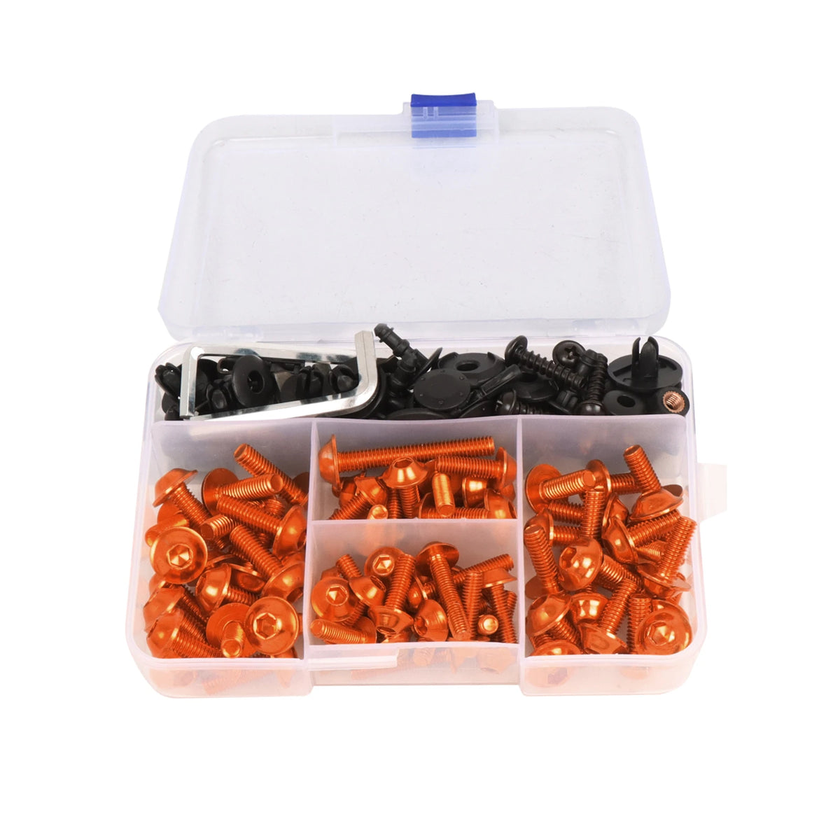 A clear plastic box containing a set of universal motorcycle fairing bolts and screws.