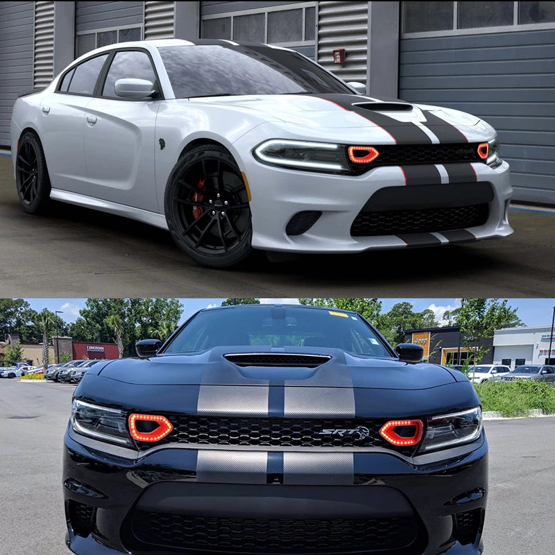 Close-up of a black Dodge Charger grill with aftermarket LED light bars installed.