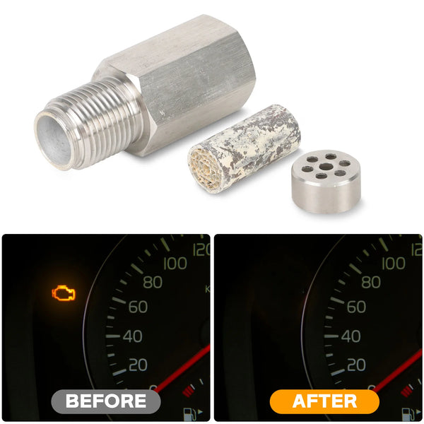 A silver mini oxygen catalyst sensor and a polished metal disc showing before and after diagnostic readings.