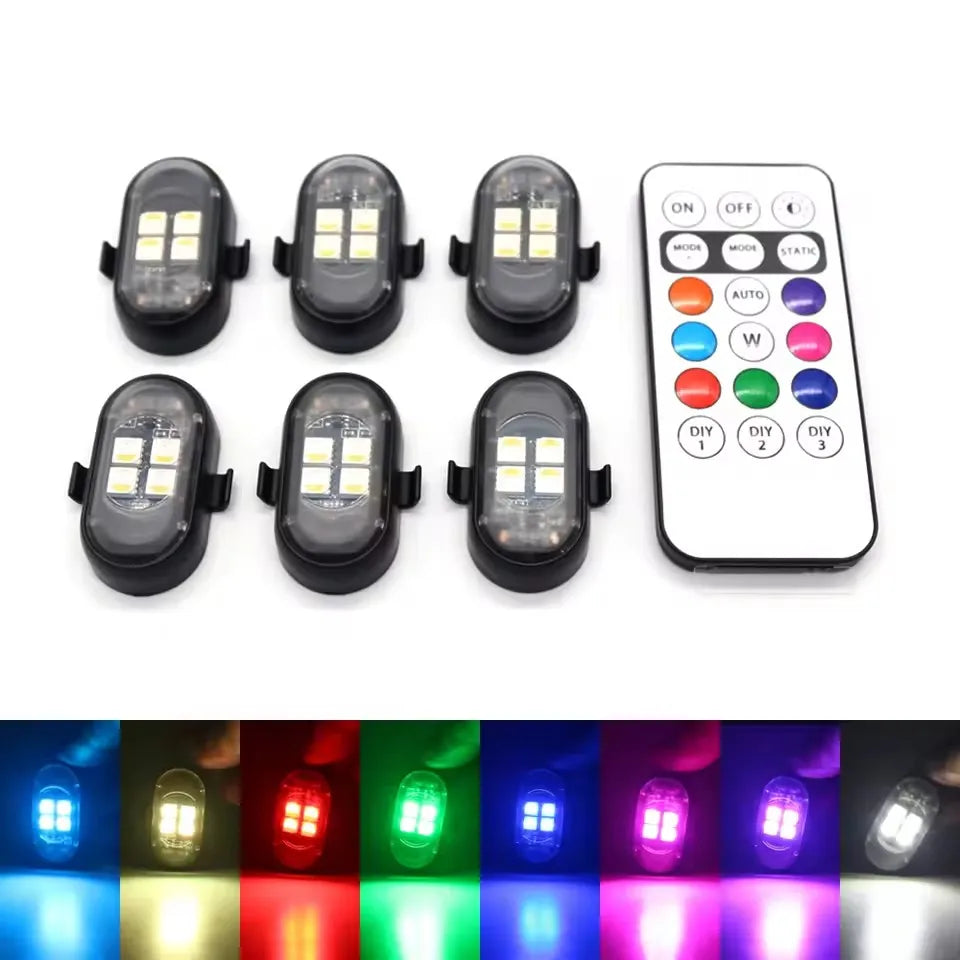 A set of wireless RGB car LED lights with remote controls shown in various colors.