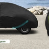 Side and back schematic diagrams of a black all-weather windproof car cover for a VW New Beetle.