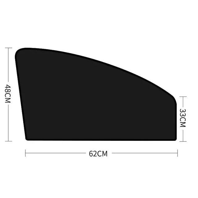 Black magnetic car window sunshade measuring 62cm wide and 48cm high