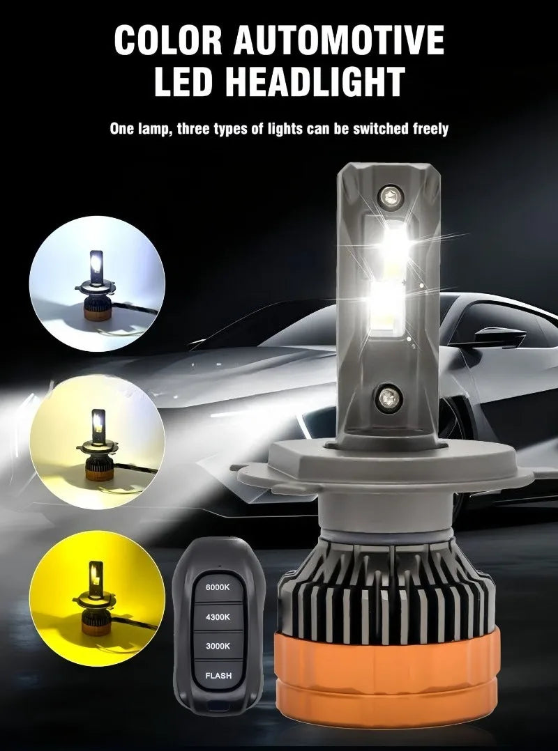 A close-up view of a color automotive LED headlight bulb and its remote control, showing three types of lights.