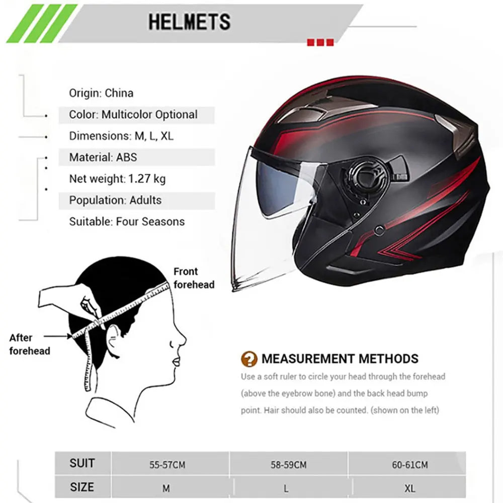 A black motorcycle helmet is shown with a clear visor, alongside size chart options.