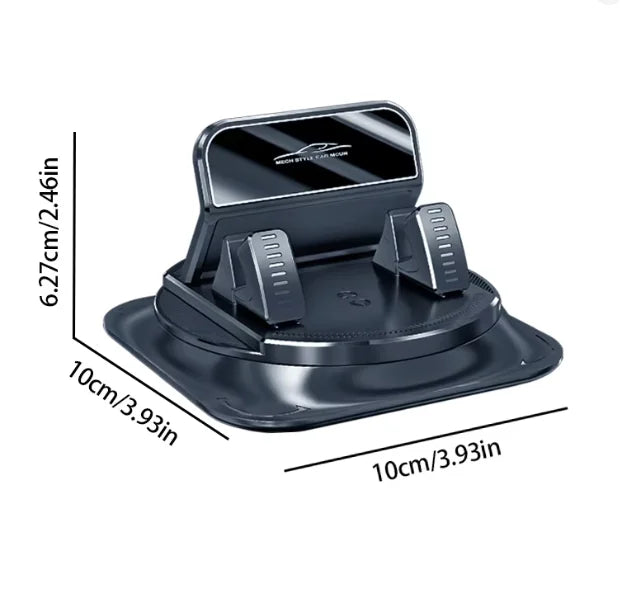 Support de téléphone pour voiture rotatif noir à 360° avec pinces réglables, vue de dessus.