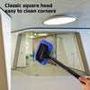 A hand holds a classic square head cleaning tool with a blue sponge to clean the corners of a glass partition.