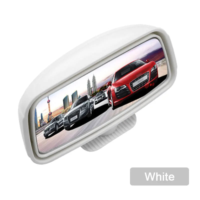 Rétroviseur convexe de sécurité blanc à rotation 360° pour véhicule, montrant une voiture rouge et un panorama de ville.