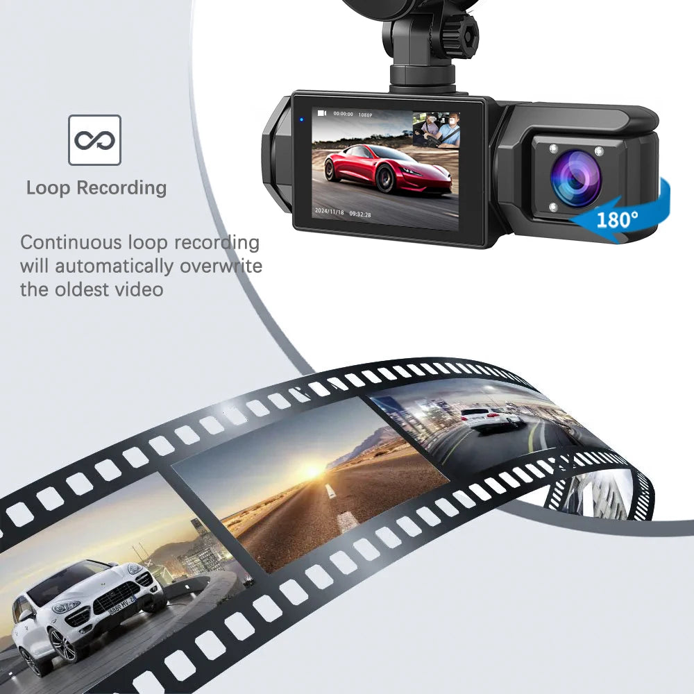 A black dash cam device is shown with a screen displaying a car, illustrating loop recording and 180-degree view capabilities