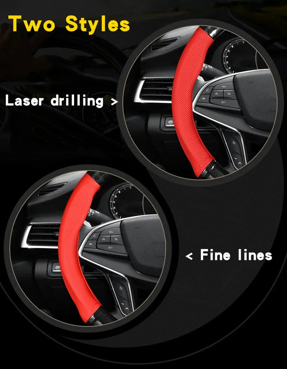 Dos estilos de cubiertas para volante de fibra de carbono roja con perforación láser y líneas finas.