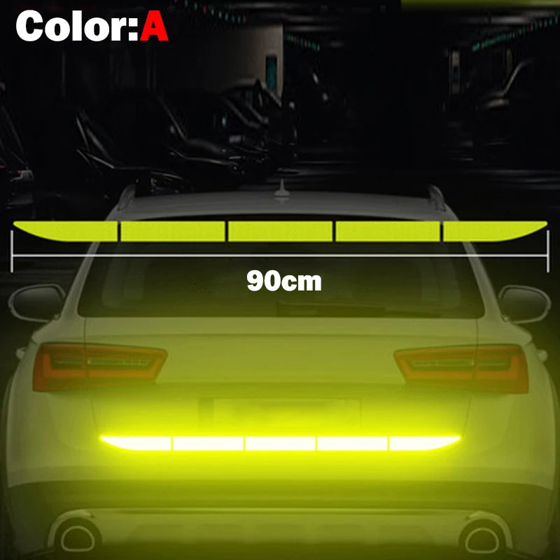 A yellow car with a bright yellow light bar installed on the rear, showing a 90cm measurement.